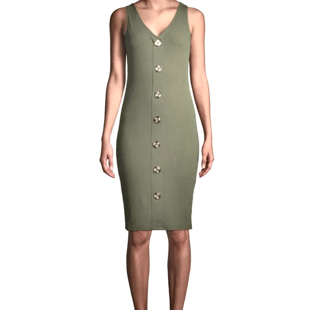 “Pink Rose” Dull Army Green (Velvet Olive) Ribbed Knit Body-con Dress
